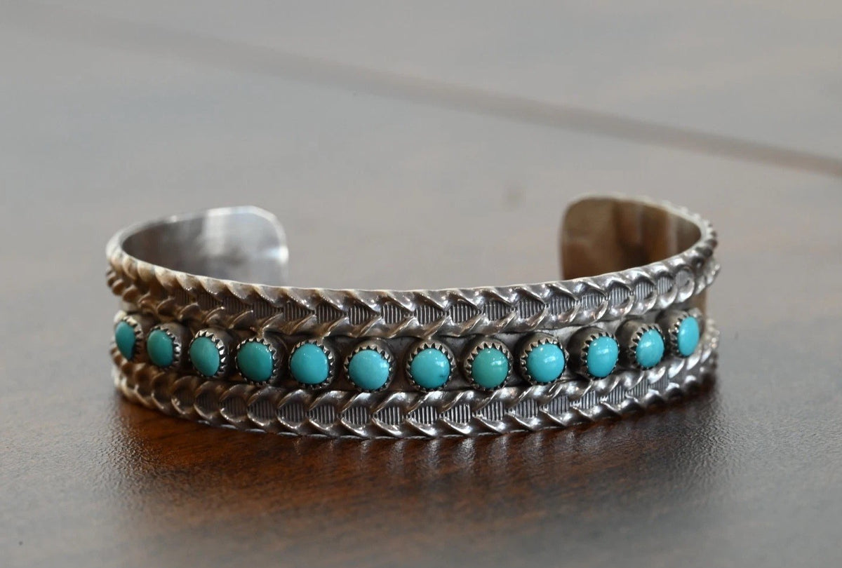 Gorgeous Signed B NATEWA Zuni Sterling Silver Cuff Bracelet with Turquoise Gems0