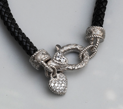 Black Braided Leather & Sterling Silver Heart Charm Necklace by Judith Ripka2