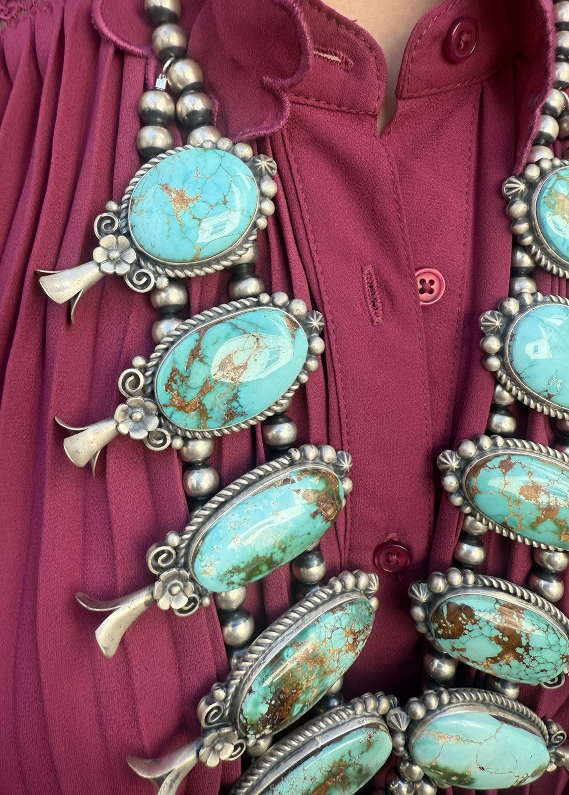 Native American Turquoise &Sterling Squash Blossom Jewelry Set By Maynard Garcia5