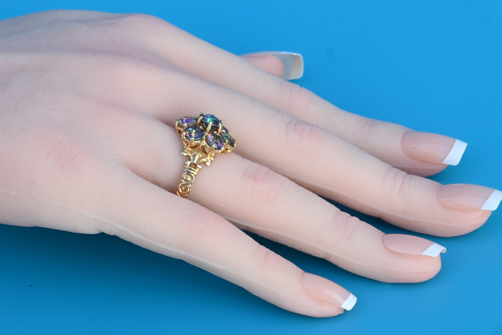 Gorgeous Mystic Fire Topaz Gemstone Floral Design 10K Yellow Gold Ring11