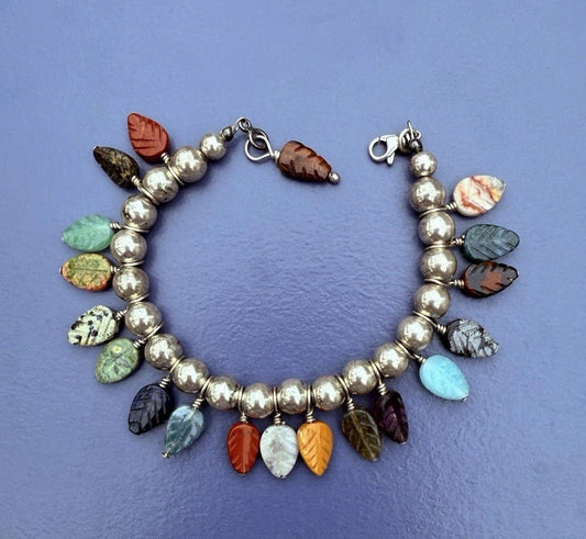Amazing Vintage Sterling Silver Bracelet with Multicolor Gemstones Leaf Charms1