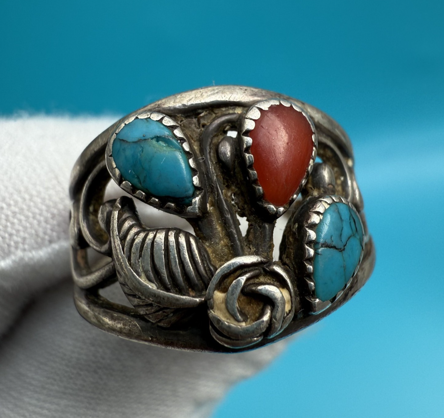 Native American Sterling Silver Ring with Turquoise & Coral Gems3