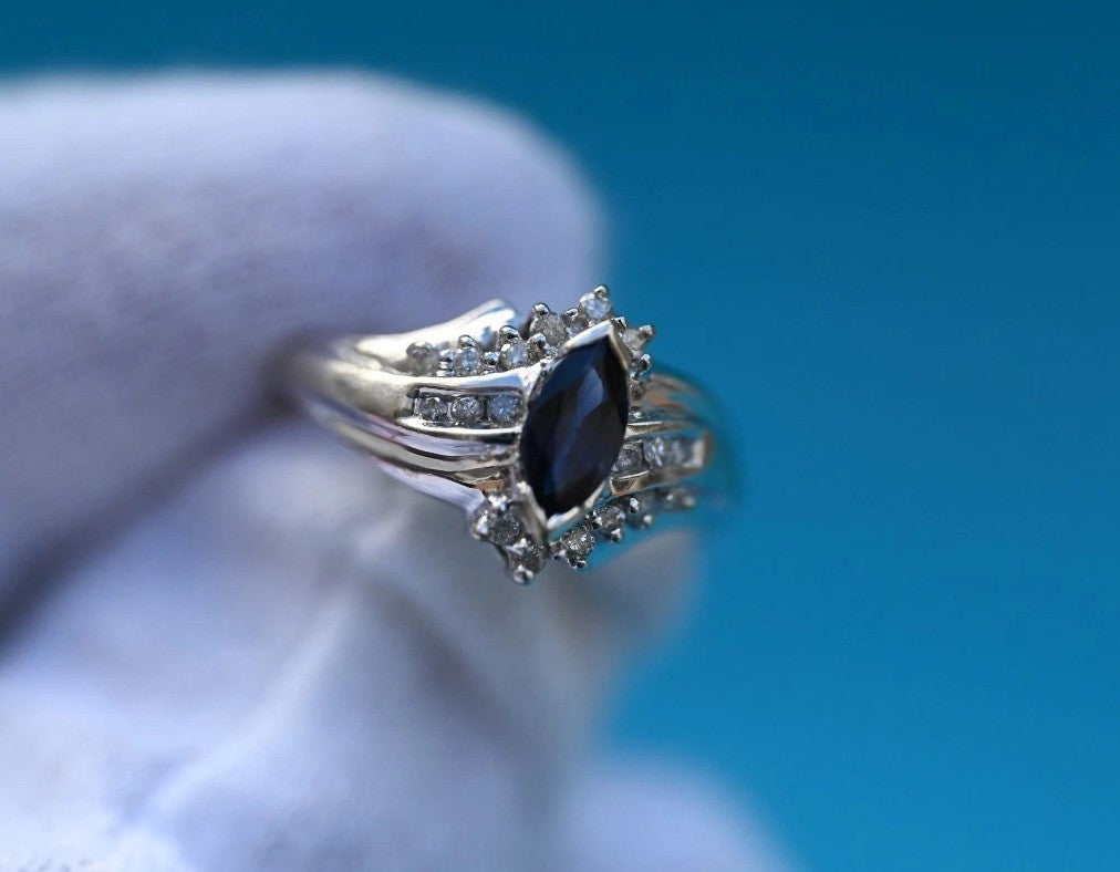 Marquise-cut Blue Sapphire Ring set in 14K White Gold with Diamond Accents4