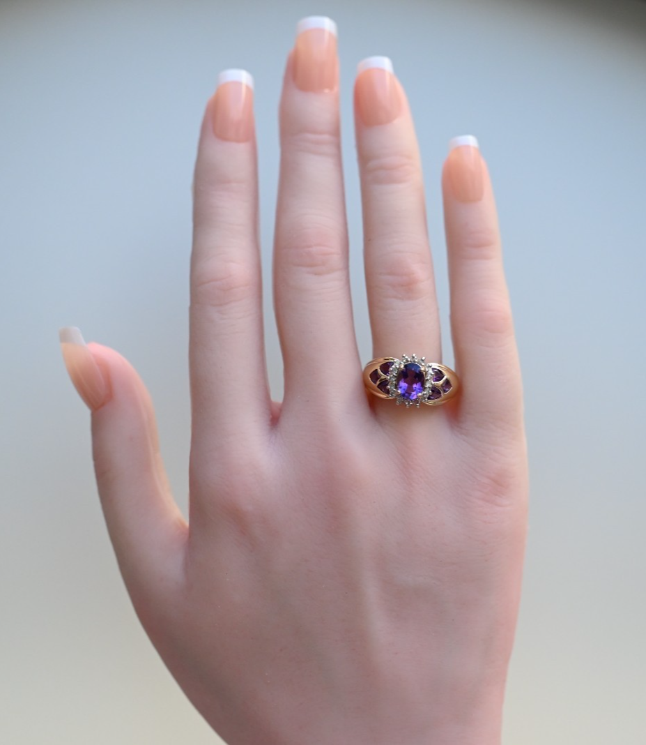 Gorgeous 14k Vintage-style Amethyst Cluster Cocktail Ring with Halo of Diamonds3
