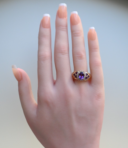 Gorgeous 14k Vintage-style Amethyst Cluster Cocktail Ring with Halo of Diamonds3