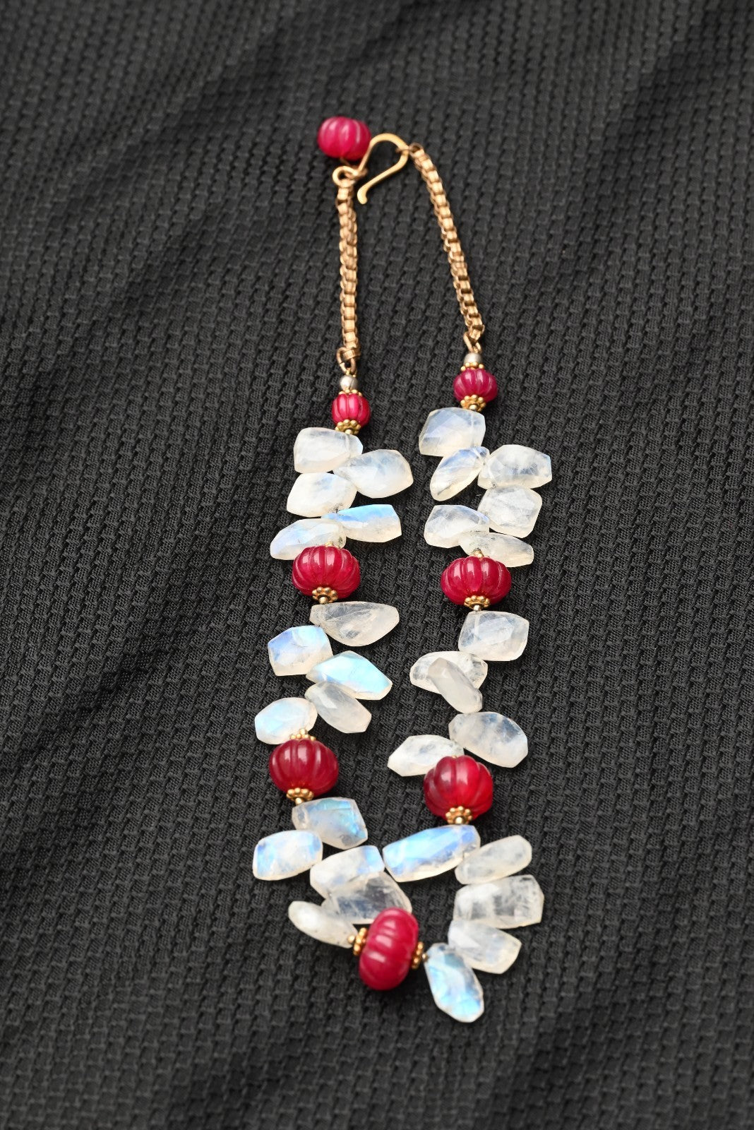 Gold Gilt Sterling Silver Necklace with Moonstone Petals & Red Ruby Gems7