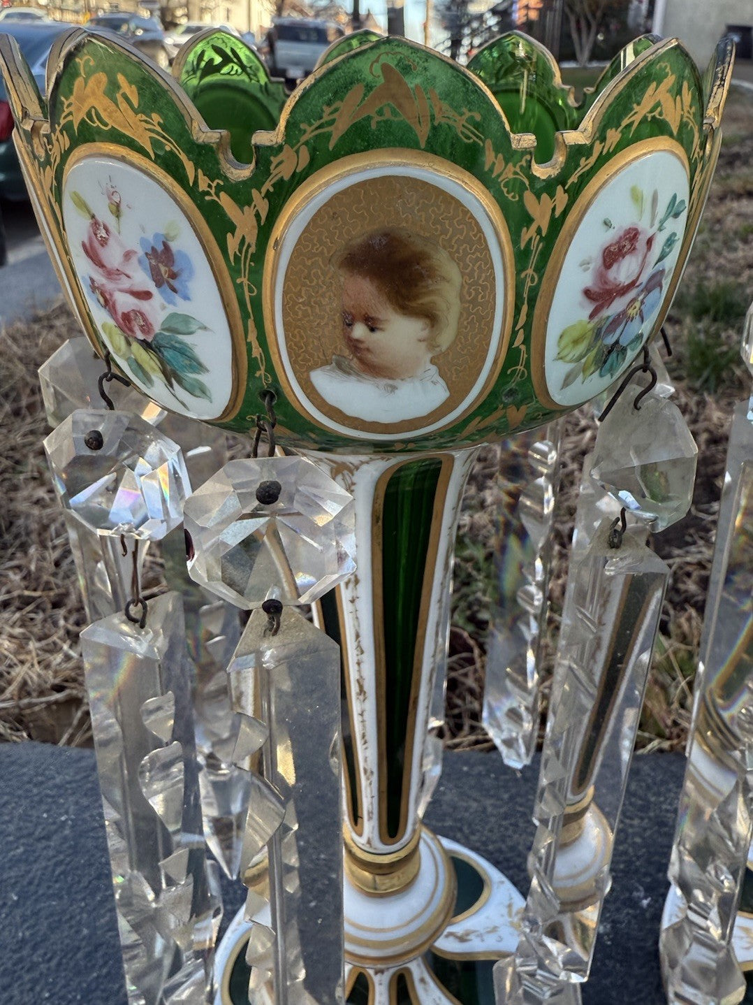 Antique 19th C. Bohemian Moser Glass Emerald Green Enameled & Gilt Lustres10