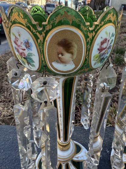 Antique 19th C. Bohemian Moser Glass Emerald Green Enameled & Gilt Lustres10