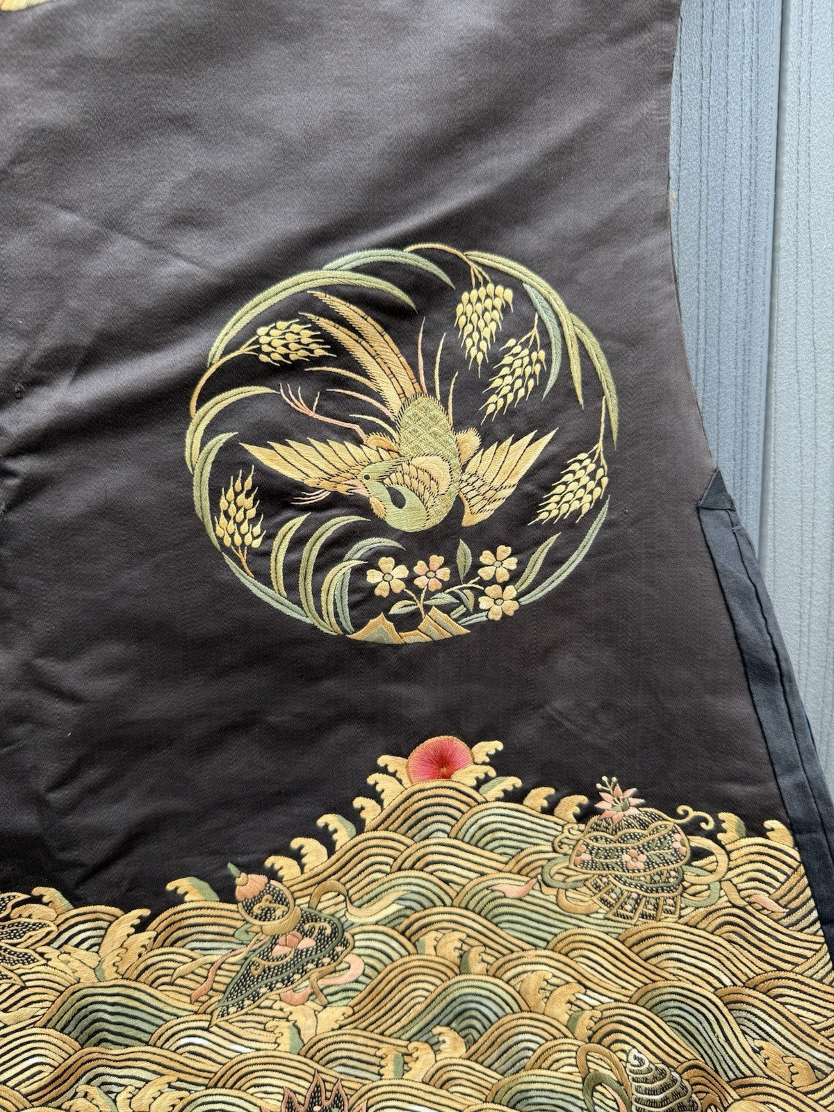 Early Antique Qing Dynasty Chinese Black Silk Embroidery Robe With Crane Birds11