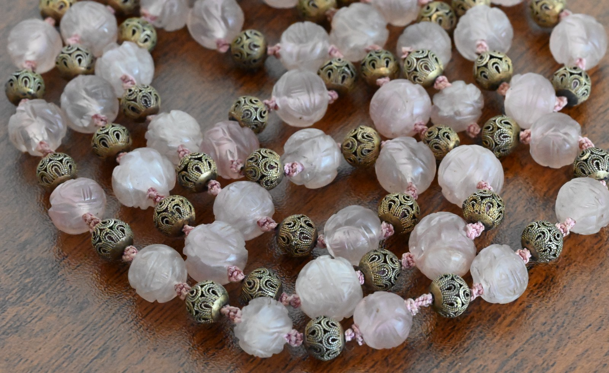 Antique / Vintage Chinese Beaded Pink Quartz Necklace with Gilt Silver Beads4