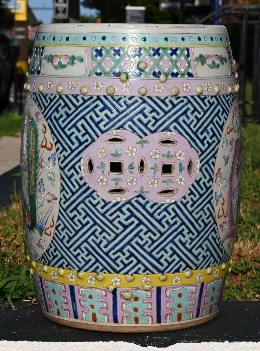 Antique Hand Painted Porcelain Garden Seat / Drum Stool Dragon & Phoenix Design2