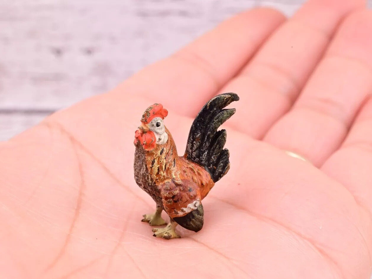 Original 1900s Antique Austrian Vienna Cold Painted Bronze of Tiny Rooster0
