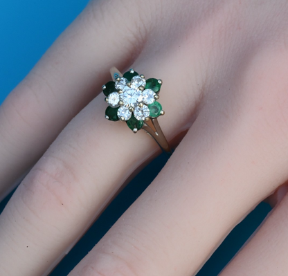 Wonderful Vintage Floral 12K -14K White Gold Ring W/ Natural Diamonds & Emeralds4