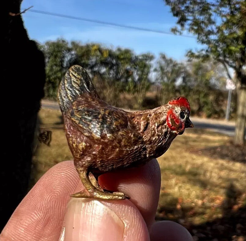 Antique Austrian Vienna Cold Painted Bronze Figure of Brown Miniature Hen4