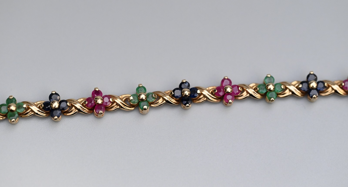 Beautiful Floral Tennis Bracelet with Sapphires, Rubies & Emeralds 14K YG 7 1/4"5