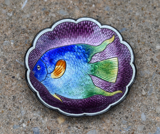 Vibrant & Colorful Antique Sterling Silver Enameled Candy Dish with Fish Motif0