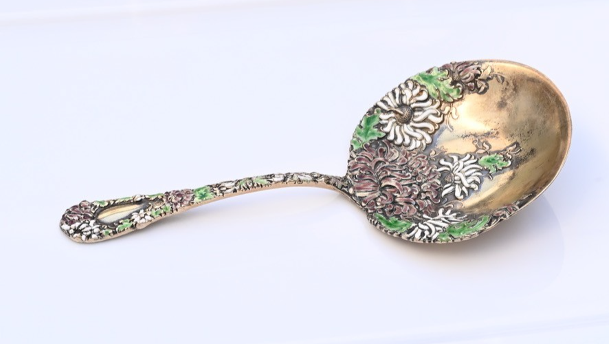 Antique William Durgin Co. Enameled Chrysanthemum Sterling Silver Serving Spoon1