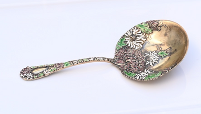 Antique William Durgin Co. Enameled Chrysanthemum Sterling Silver Serving Spoon1