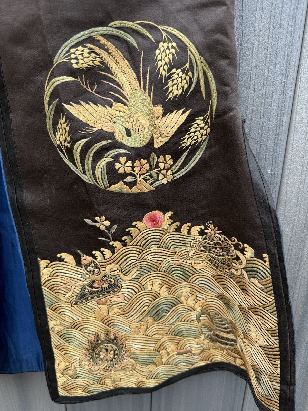Early Antique Qing Dynasty Chinese Black Silk Embroidery Robe With Crane Birds3