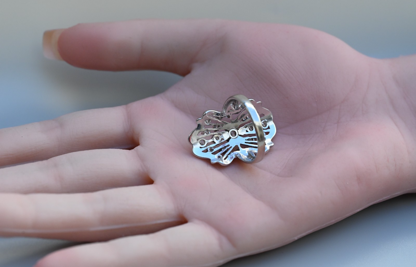 Amazing 14k WG Cocktail Ring in Art Deco Filigree Style with Cluster of Diamonds8