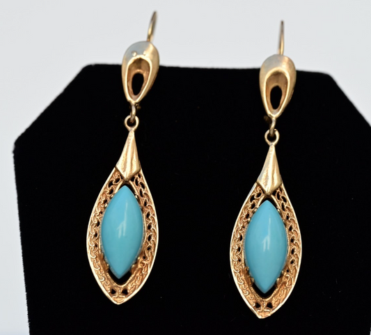 Antique Filigree Yellow Gold Drop Earrings Marquise-cut Blue Turquoise Cabochons0