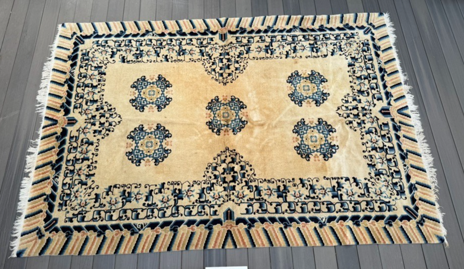 Gorgeous Antique Handmade Chinese Peking Wool Rug  6' x 9' Ivory Background1