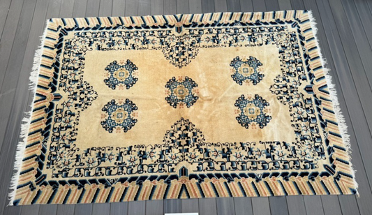 Gorgeous Antique Handmade Chinese Peking Wool Rug  6' x 9' Ivory Background1
