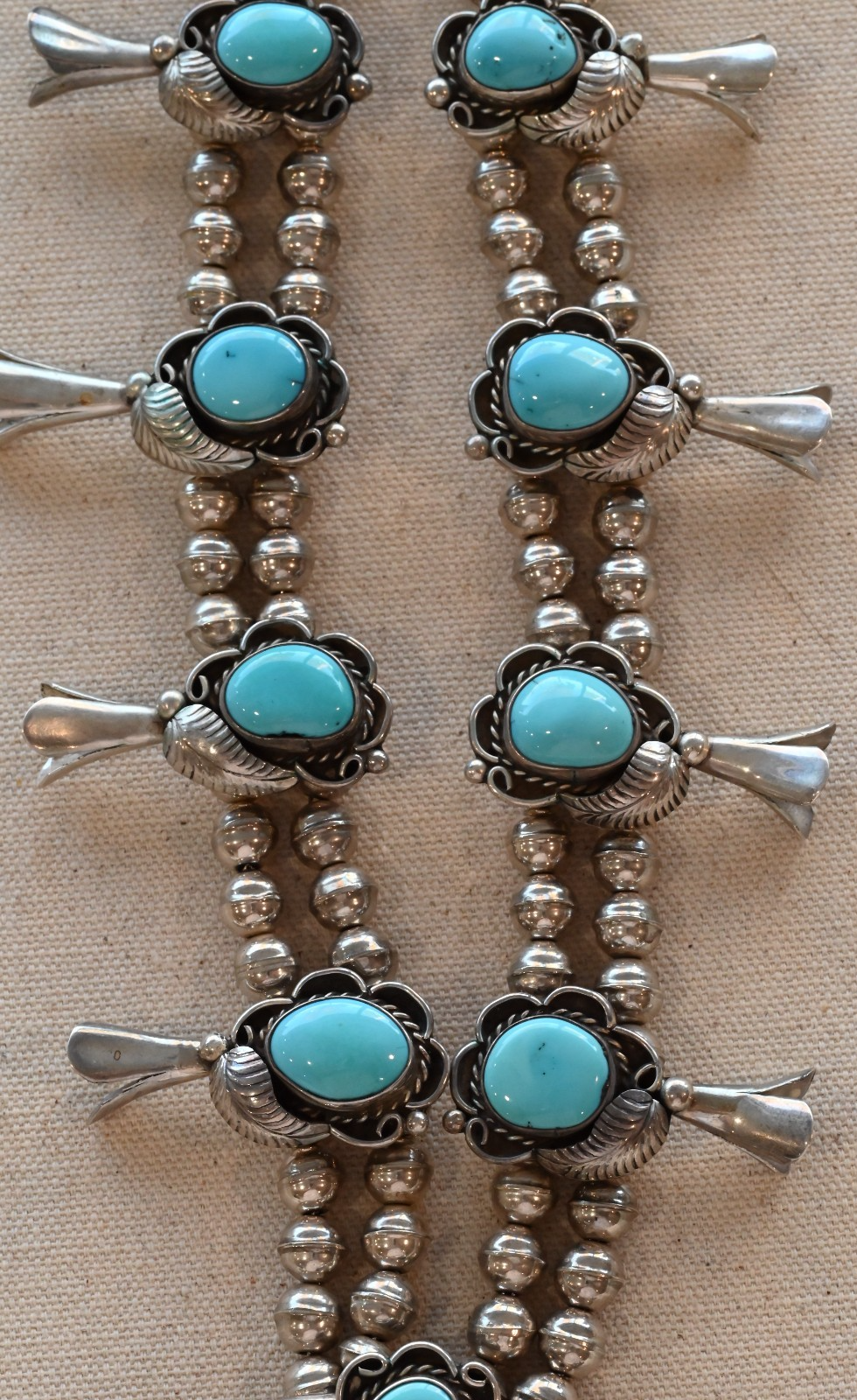 Lovely Native American Blue Turquoise & Sterling Silver Squash Blossom Necklace2