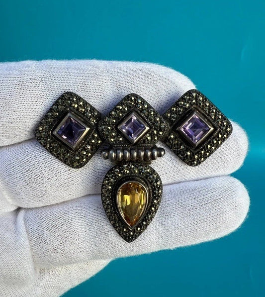 JUDITH JACK 925 Sterling Silver Vintage Amethyst Citrine Marcasite Gem Pendant0