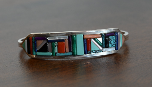 Gorgeous Native American Zuni Sterling Silver Cuff Bracelet with Mosaic Inlay1