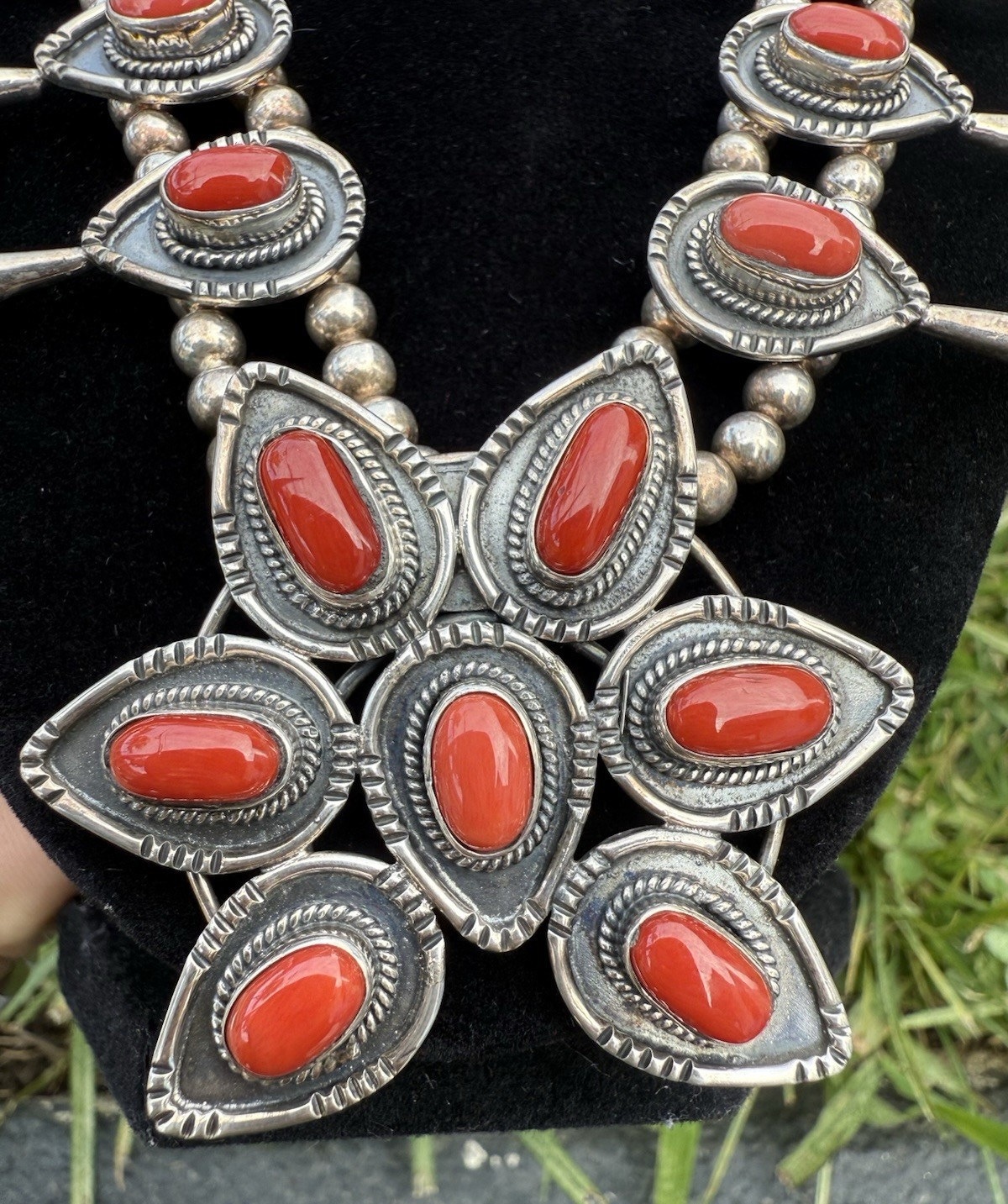Gorgeous Native American Sterling Silver Squash Blossom Necklace with Red Coral2
