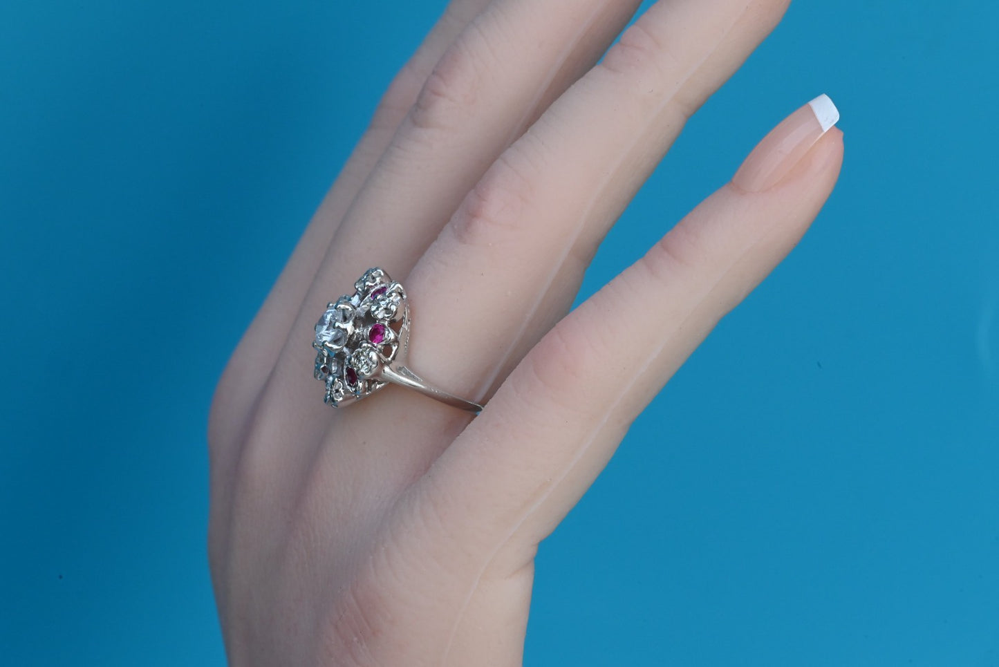 Stunning 14K White Gold .50ct Diamond Ring with Floral Halo of Rubies & Diamonds3