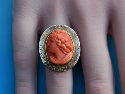Antique 1900s Italian Carved Natural Red Coral Cameo Ring in 10K Yellow Gold4