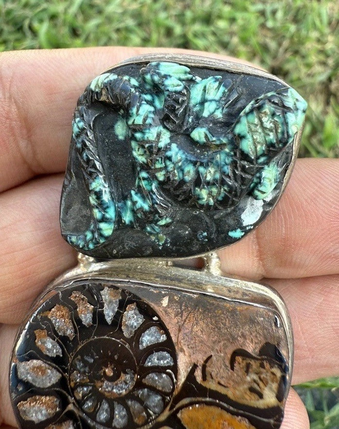 Southwestern Style Sterling Silver Pendant W Ammonite Fossil & Carved Turquoise1