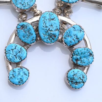 Vintage Native American Blue Turquoise & Sterling Silver Squash Blossom Necklace5