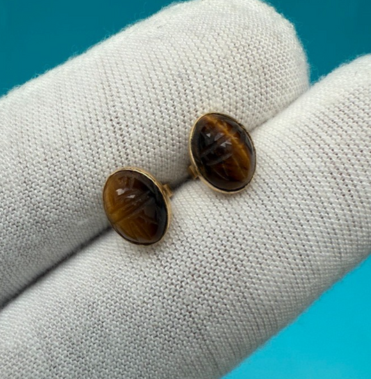 Amazing Tigers Eye & 14k Yellow Gold Stud Earrings 0