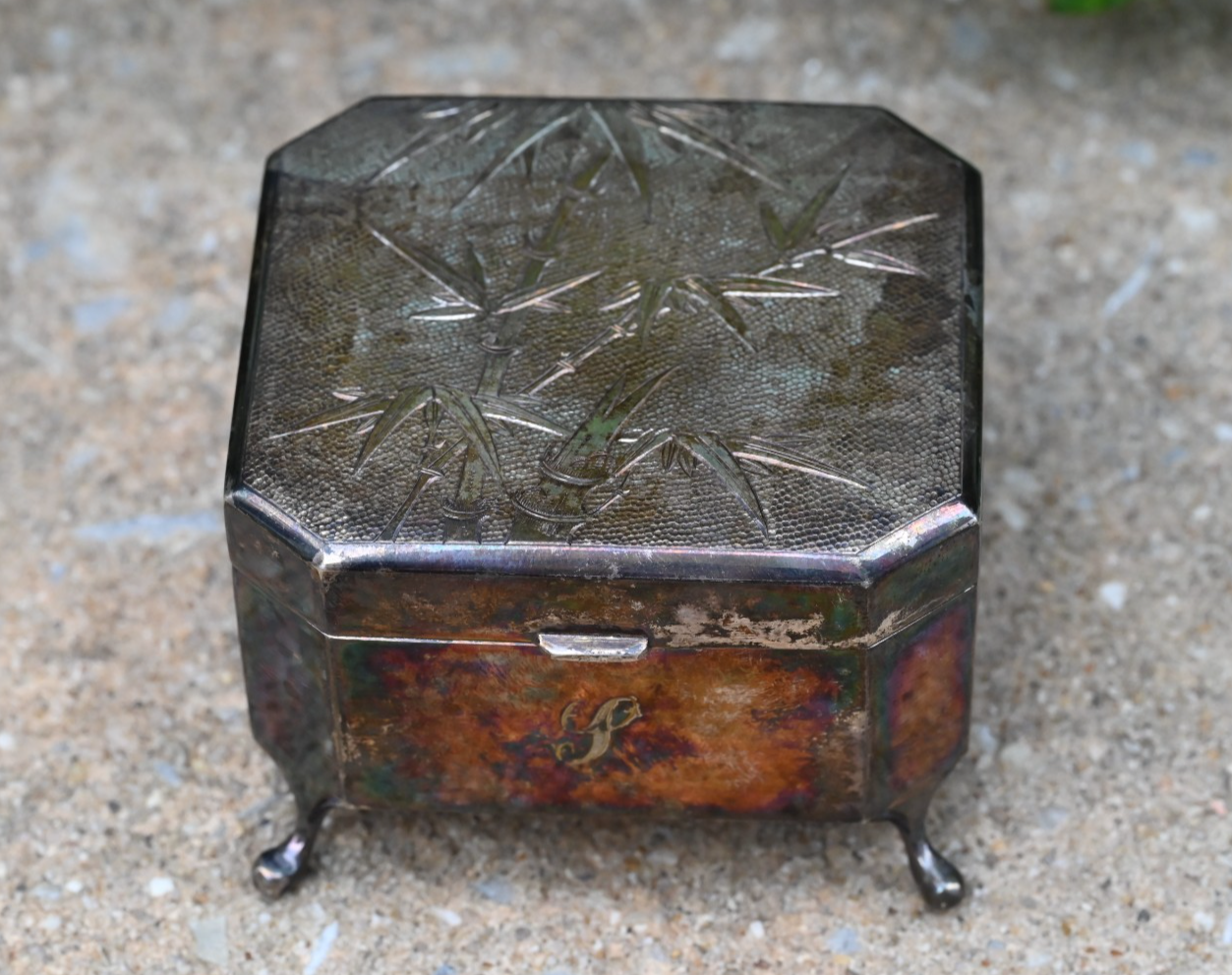 Antique Bamboo Design Tack Hing Hong Kong Export Silver Jewelry / Trinket Box1