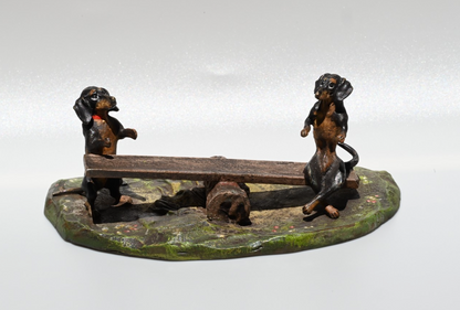 Vintage Austrian Vienna Cold Painted Bronze of Dachshund Dogs Playing Seesaw2