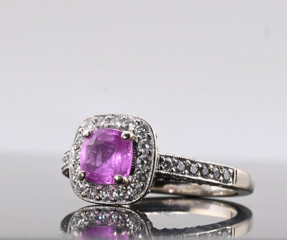 Vintage 1 ct Natural Pink Sapphire & Halo Diamond Ring 14K W  Gold IGI Certified0