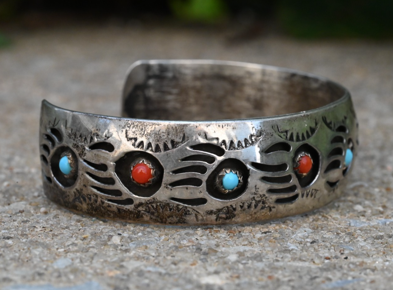 Navajo Pearlene Spencer Turquoise & Coral Bear Paw Sterling Silver Cuff Bracelet1