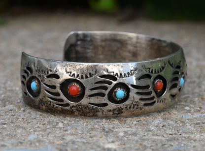 Navajo Pearlene Spencer Turquoise & Coral Bear Paw Sterling Silver Cuff Bracelet1
