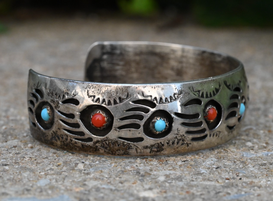 Navajo Pearlene Spencer Turquoise & Coral Bear Paw Sterling Silver Cuff Bracelet1