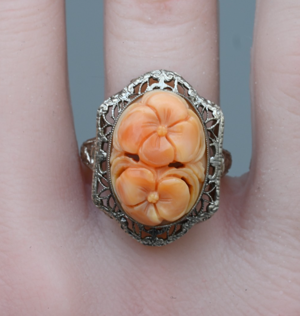 Antique 14K White Filigree Statement Ring With Hand Carved Natural Coral Gem2