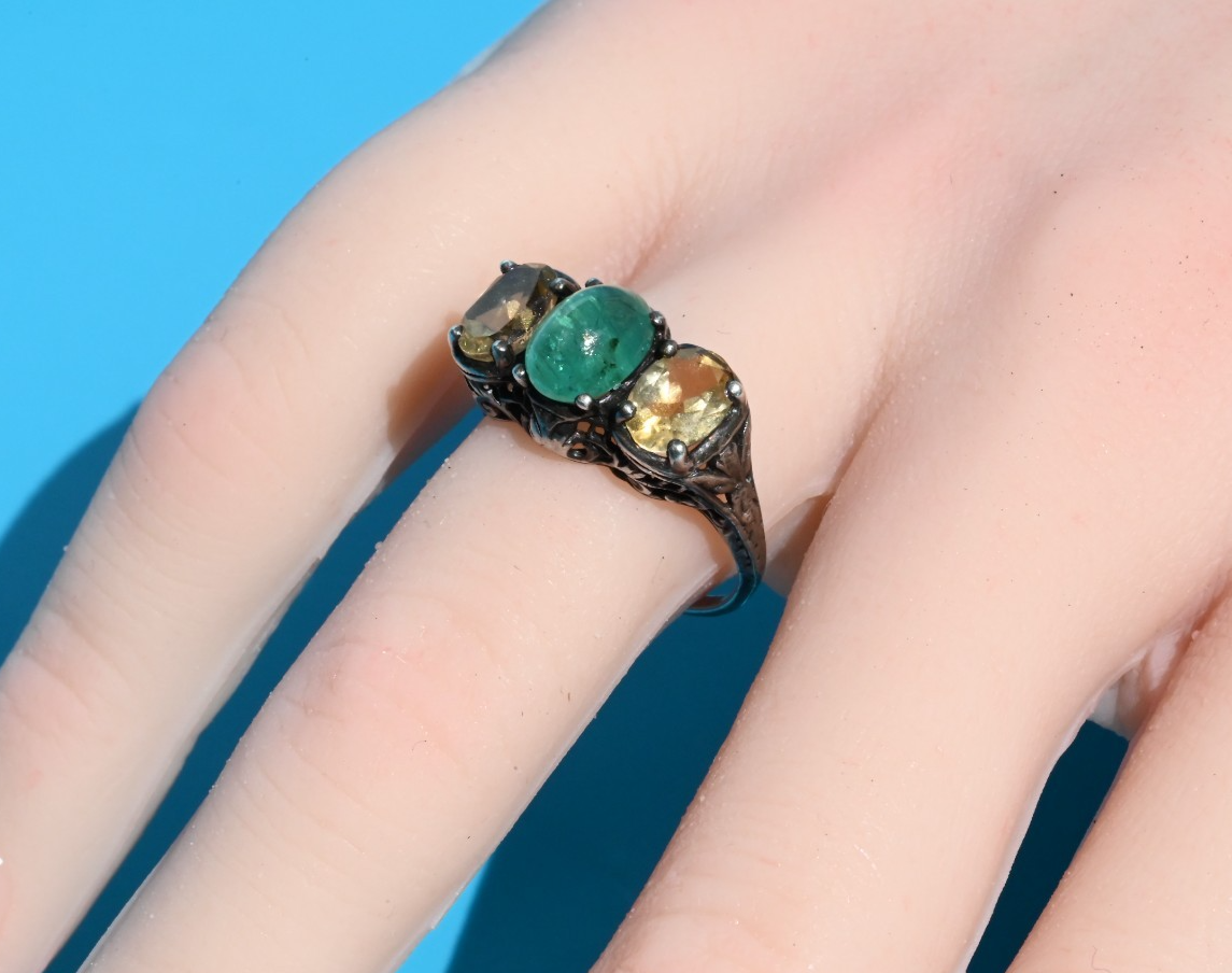 Antique Victorian / Art Deco 925 Sterling Silver Filigree w Natural Emerald Ring3