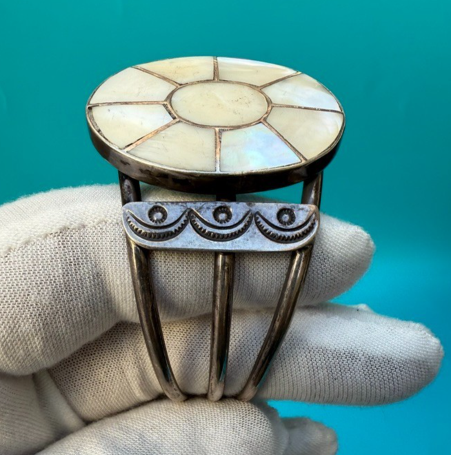 Zuni Native American Sterling Silver Cuff Bracelet w/ Mother of Pearl Inlay1