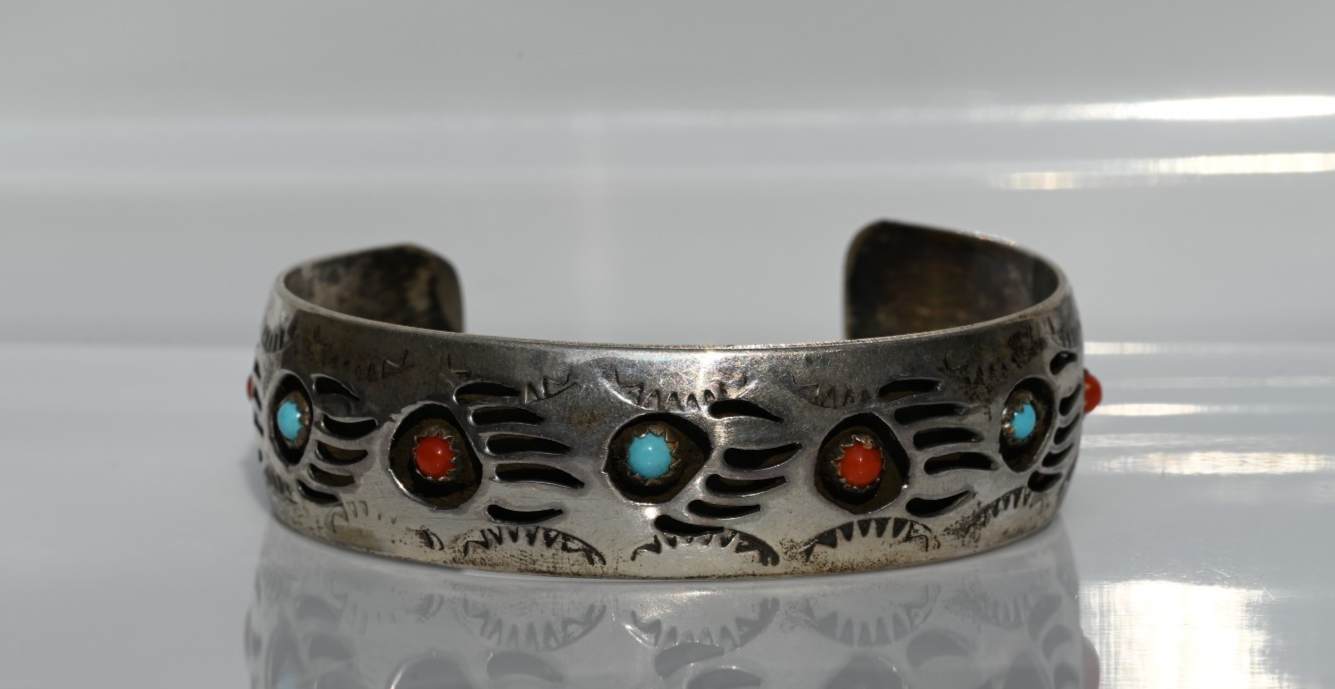 Navajo Pearlene Spencer Turquoise & Coral Bear Paw Sterling Silver Cuff Bracelet2