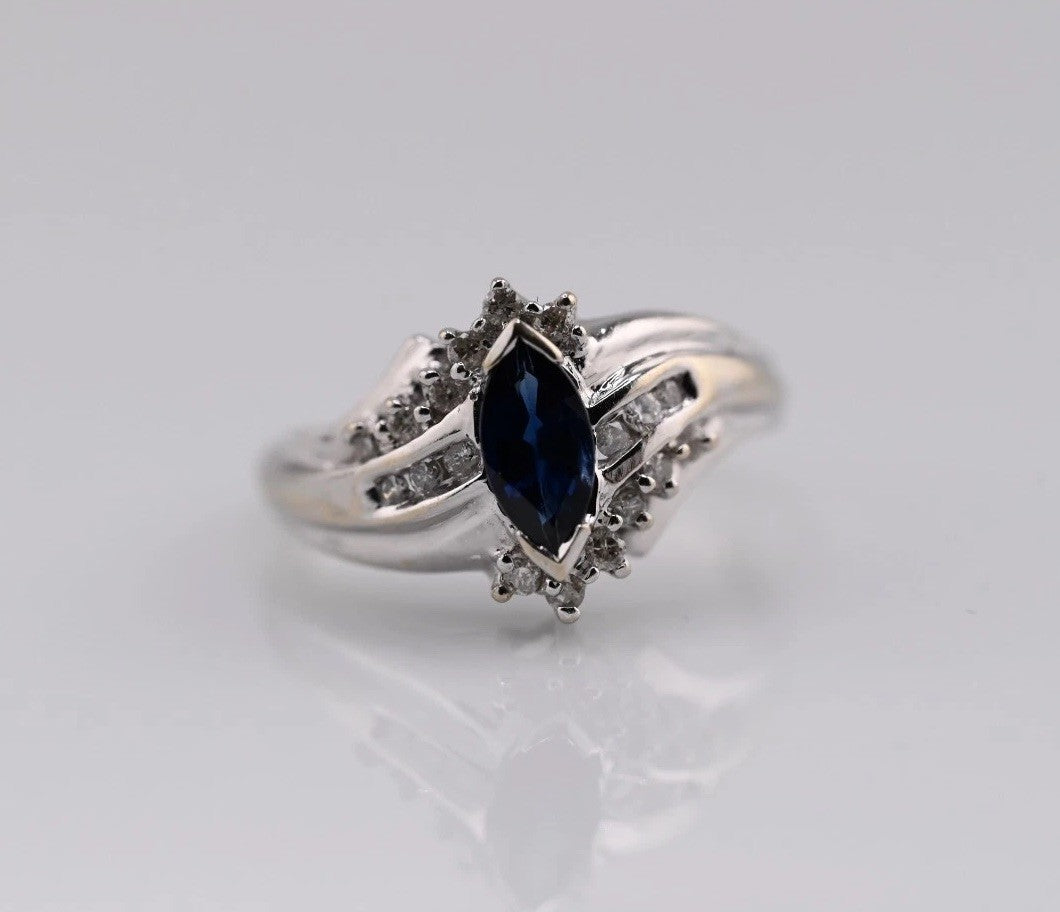 Marquise-cut Blue Sapphire Ring set in 14K White Gold with Diamond Accents7