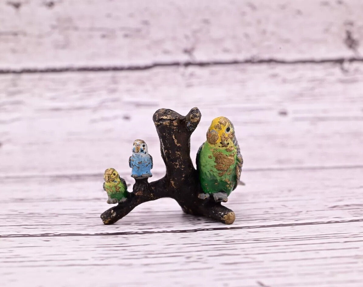 Gorgeous Antique Austrian Vienna Cold Painted Bronze Figure of Parakeet Family ￼0