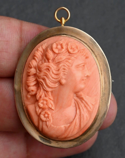 Gorgeous Antique Hand Carved Natural Coral Cameo Pendant In 12K Yellow Gold0