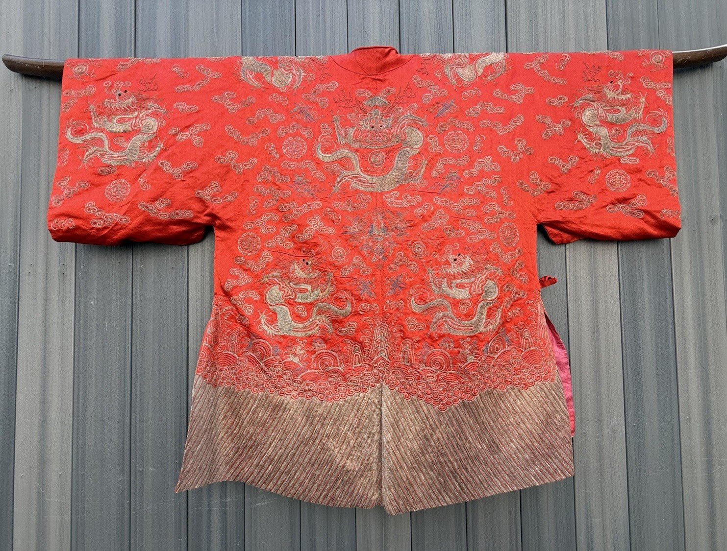 Antique Qing Dynasty Chinese Metallic Silk Embroidery Dragon Robe In Red Color10